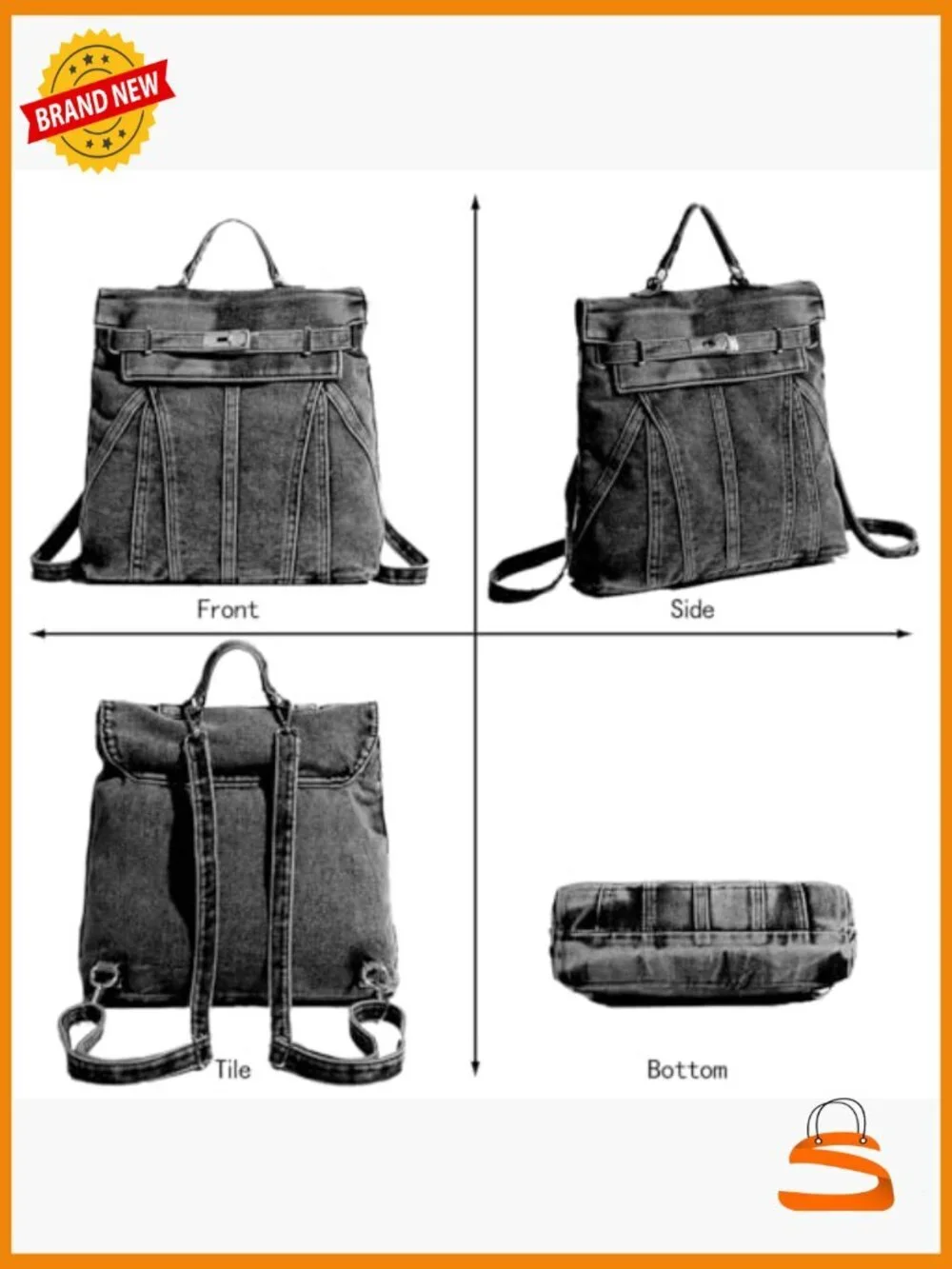 Washed Denim Blue Backpack College Style Handbags Women Shoulder Bag Student